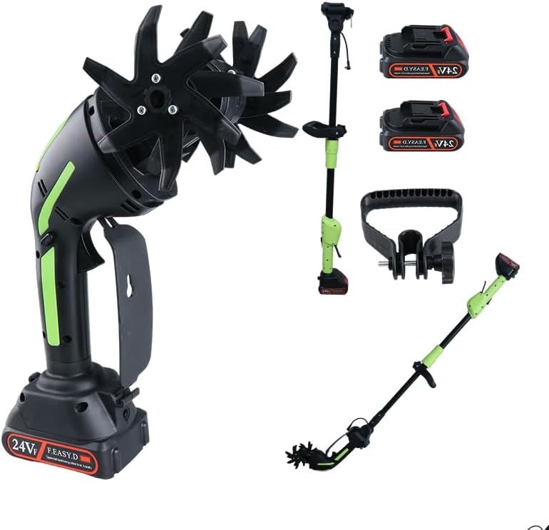 Quini 24V Cordless Tiller Cultivator, 4-Inch Tilling Width and Depth, Handheld with Extension Rod, 235 RPM Electric Garden Tiller, Lightweight 1.2kg Body, 2 × 1.5Ah Batteries & Charger (24V-Green) - Image 1